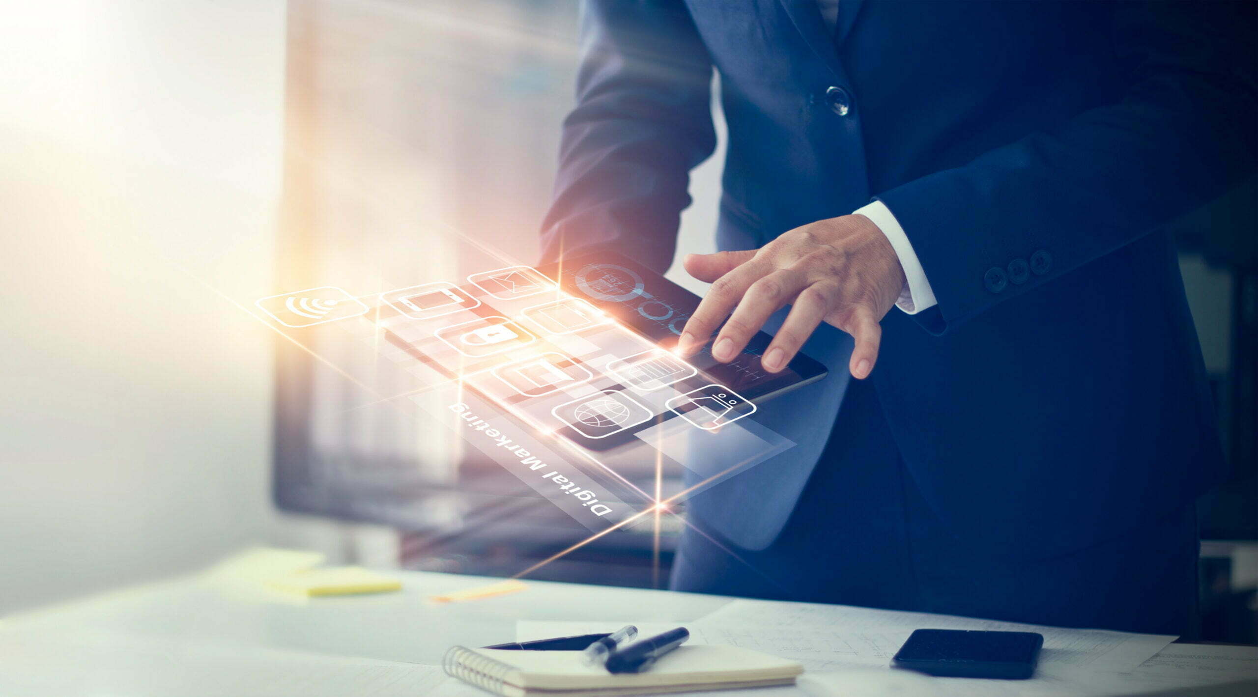 Digital marketing. Businessman using modern interface payments o