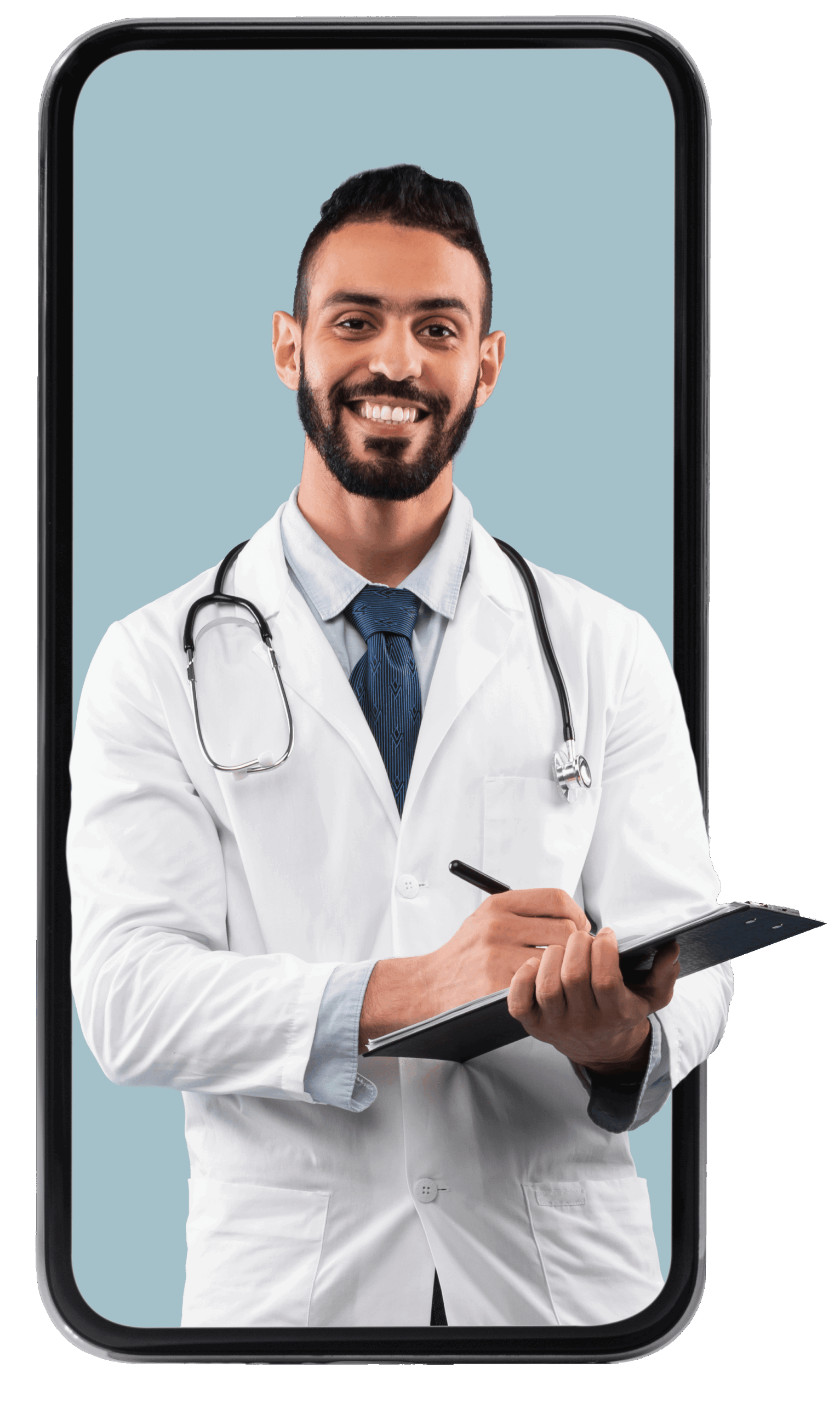 doctor-looking-out-big-smartphone-screen-writing-prescription