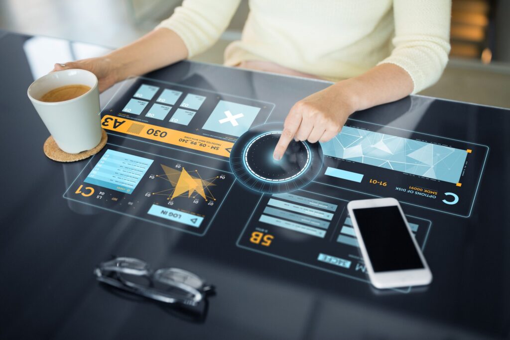 woman using interactive panel with data